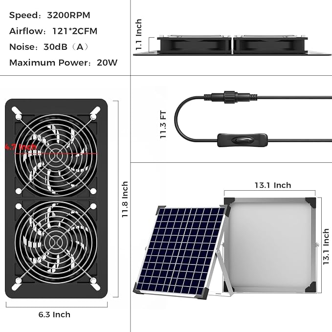 Solar Fan Kit for Chicken Coop - Two IP65 Waterproof 5" Solar Powered Fans - Outdoor Exhaust Intake Ventilation Fan for Outside Shed Greenhouse Attic Pet House - Strong Airflow Without Battery
