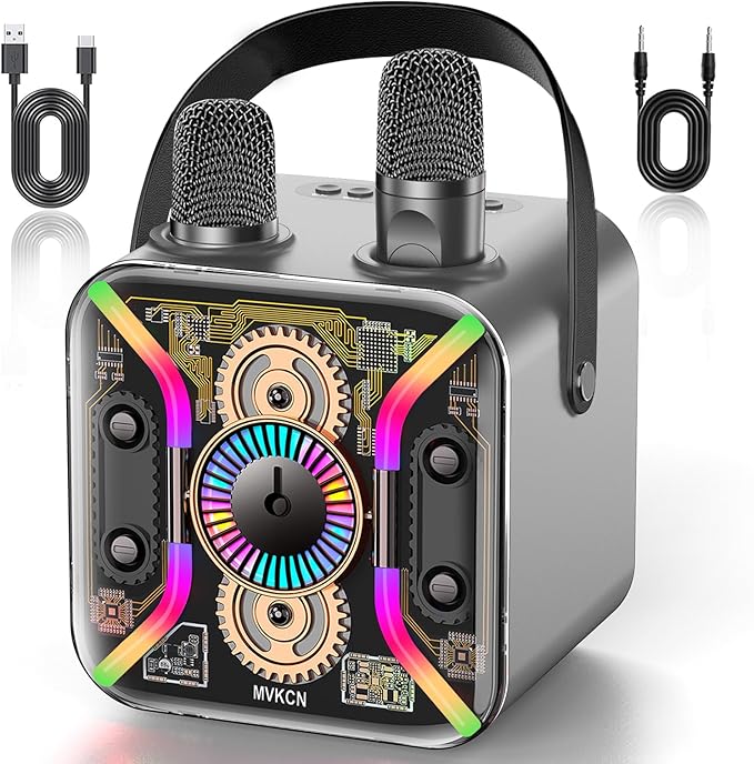 Karaoke Machine for Adults with Two Wireless Microphones, Bluetooth Speaker, LED Light Show, 360-Degree Stable Bass Mic, Silver