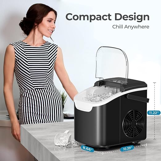 Countertop Ice Maker Machine, 8 Ice Cubes in 6 mins, 26lb/Day Ice with 2 Sizes- Portable Mini, Energy Saving & Basket/Scoop for Home/Party/Travel/Camping/Bar,Black