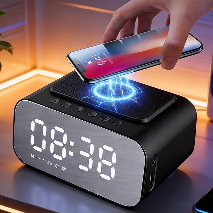 Wireless Charging Clock Radio with 15W Fast Charging, Bluetooth 5.1 Speaker, Dual 5W Stereo Sound, LED Display, AUX-in, and Payment Notification for Home & Office, BT510 White.