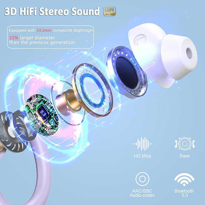 Wireless Earbuds Sport, 2025 Bluetooth 5.3 Headphones Bass Hi-Fi Stereo Over Ear Buds, 48Hrs Noise Cancelling Headset with Earhook, IP7 Waterproof Earphones Workout Running for Laptop Pad Android iOS