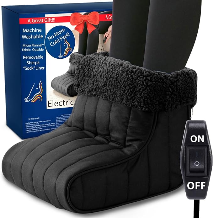 Thermee Micro Flannel Heated Foot Warmer, Sherpa Fleece, 2-Hour Safety Shut-Off, Electric Foot Heater for Women & Men, Foot Warmers for Feet, Heated Slippers, Under Desk Foot Warmer - Coal Grey