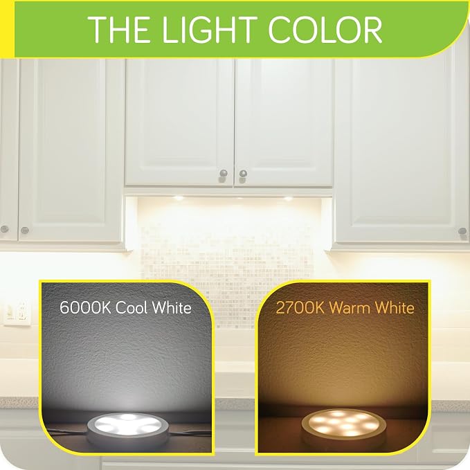 Hardwired Under Cabinet Puck Light Kit, Linkable Daisy Chained Wireless Remote Control Dimmable, 110V Wall Plug Electric Wired to 12V LED Display Case Shelf Lighting, 12 Lights, Cool White