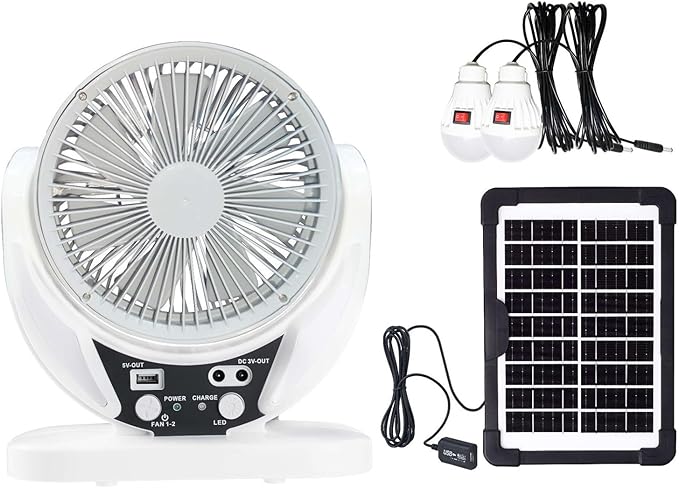 Camping Fan with Solar Panel, Rechargeable Battery Powered Tent Fan with LED Light & Bulbs, Portable Desk Fan for Outdoor Camping, Fishing, Hurricane, Home Emergency