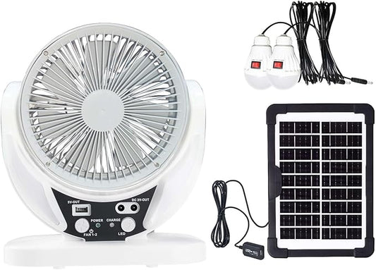 Camping Fan with Solar Panel, Rechargeable Battery Powered Tent Fan with LED Light & Bulbs, Portable Desk Fan for Outdoor Camping, Fishing, Hurricane, Home Emergency