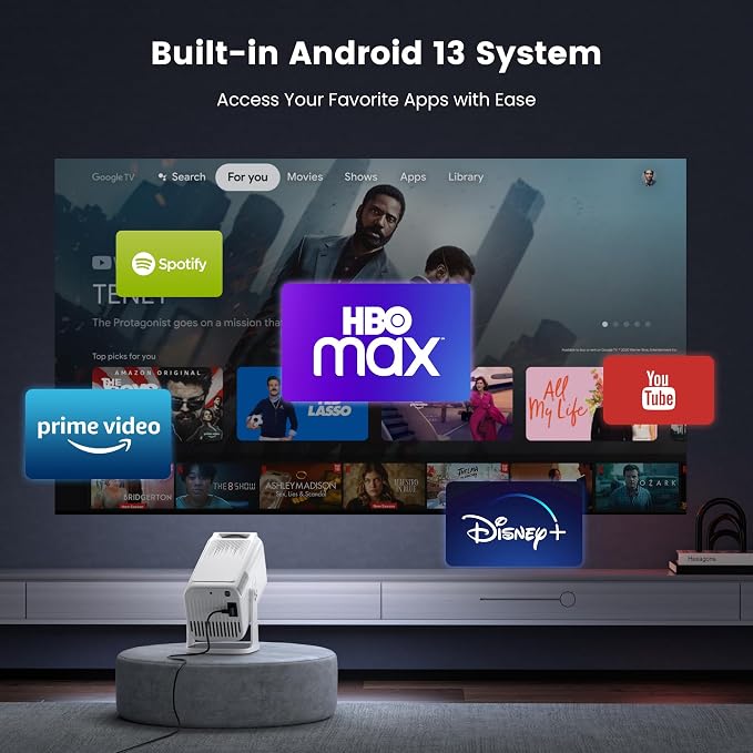 [Built-in Apps ] Mini 4K Projector with Wifi and Bluetooth, Native 1080P Smart Portable Movie Projector with 270°Rotatable Stand, Android 13 OS, Auto Keystone, Support Big Screen for Home Bedroom