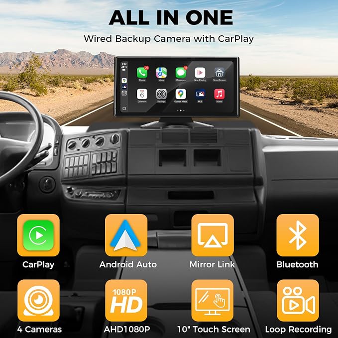 Truck RV Camera System with CarPlay & Android Auto,10.36'' Touch Screen with Recording & Voice Control & Navigation, 4 HD1080P IR Wired Rearview Backup Camera for Semi Trucks, RVs, Trailers