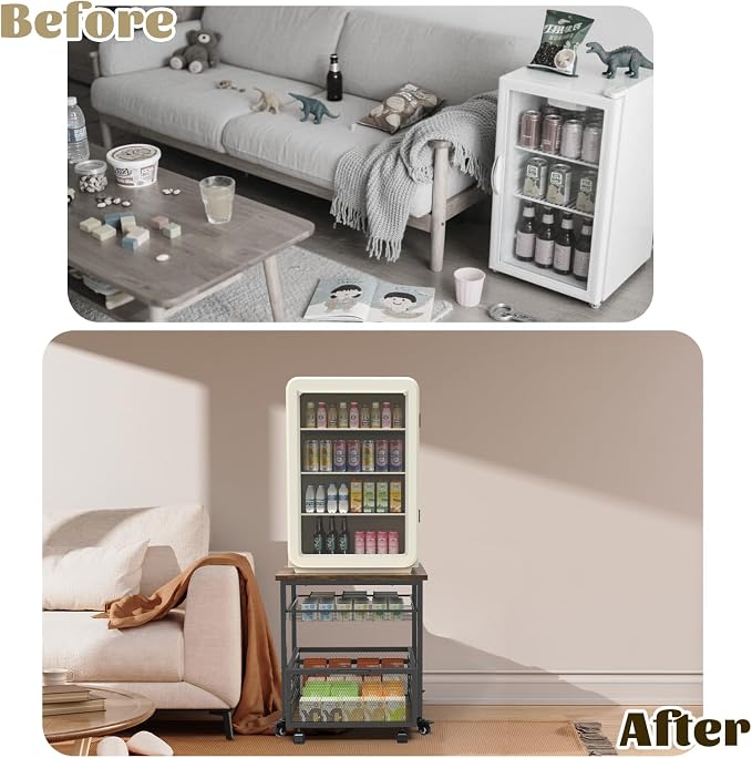 Mini Fridge Stand with Storage, 260LBS Heavy Duty Compact Refrigerator Shelf, 19.7 * 19.7" Movable Mini Fridge Table, Coffee Bar with Lockable Wheels for Kitchen, Home, Office or Dorm