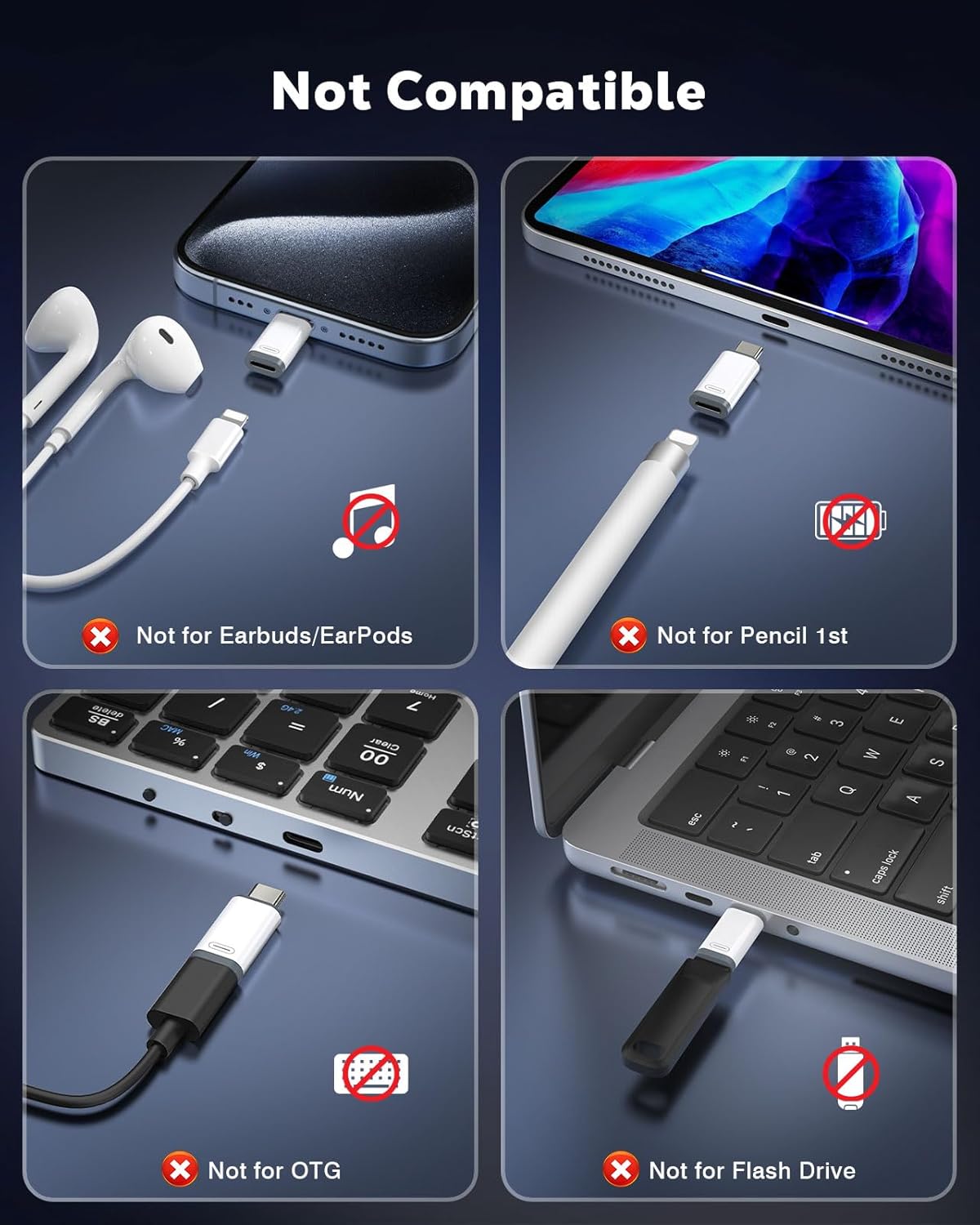 MoKo Lightning to USB C Adapter 4 Pack for iPhone 17 Air 16 16e 15 Pro Max Plus, iPad, Galaxy - NOT for Earphones/Microphone/Flash Drive/iPencil, USB-C to Lightning Adapter ONLY for Charging/Data Sync