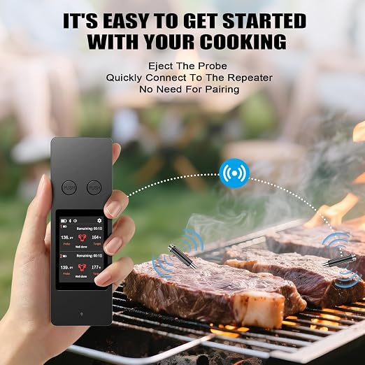 Bluetooth Wireless Meat Thermometer, No App Needed, 800FT Range, Dual Ultra-Thin Probes, IP67 Waterproof, HD Touch Screen - Perfect for BBQ, Grill, Oven, Smoker & Kitchen Cooking