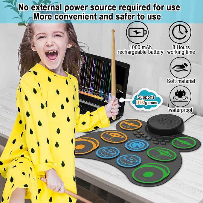 Electric Drum Set for Kids & Adults, 9-Pad Electronic Drum Pad with 0.32" Thickened Silicone, Built-in Speaker, Rechargeable Battery, Headphone Jack. Portable Electric Drums Gift Bateria Electrica