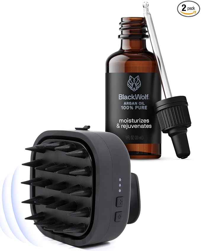 Black Wolf Sonic Scalp Head Massager & 100% Pure Argan Oil Bundle - Hair Care Products for Healthy Looking Hair & Scalp - Men's Shower & Bathroom Essentials Set