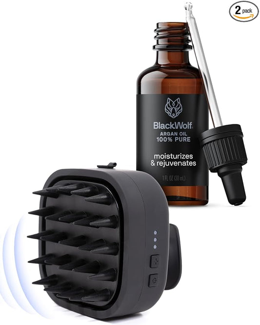 Black Wolf Sonic Scalp Head Massager & 100% Pure Argan Oil Bundle - Hair Care Products for Healthy Looking Hair & Scalp - Men's Shower & Bathroom Essentials Set