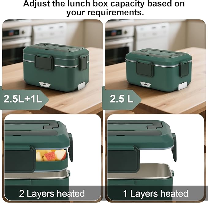 Electric Lunch Box for Adults, 100W 3.5L 2-Layer Portable Food Warmer for Men, Dual Mode 2.5L + 1L Large Heated Lunch Box for Car/Truck/Work, Lonchera Eléctrica Portátil para Calentar Almuerzo