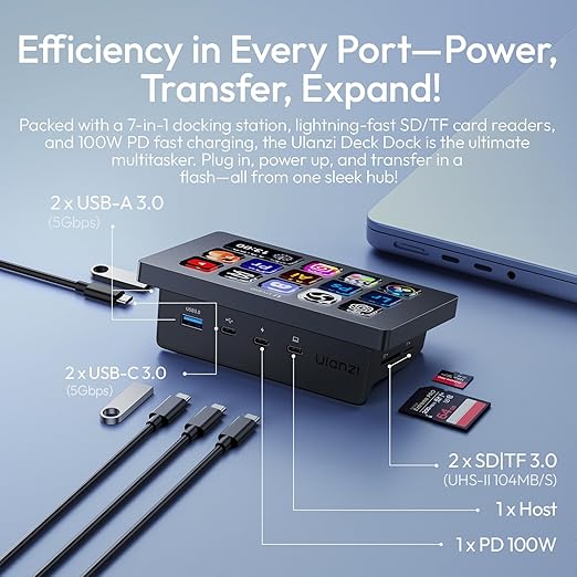 ULANZI D200H Stream Controller & USB C Docking Station with Stand Base, 14 Keys Macro Keyboard with 7-in-1 Hub Deck Dock, SD/TF Card Reader, Customerable LCD Key for Live/Gaming/Editing/Office