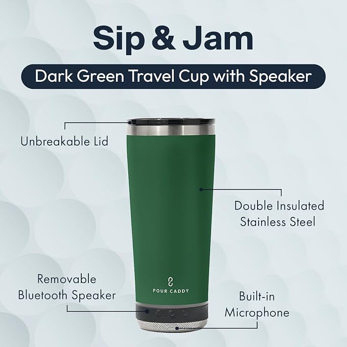 Vibe 18 oz Tumbler with Bluetooth Speaker, Insulated Stainless Steel Travel Cup with Lid, Hot & Cold Drink Beverage Container, Removable Speaker with Microphone, Rubber Base, Dark Green