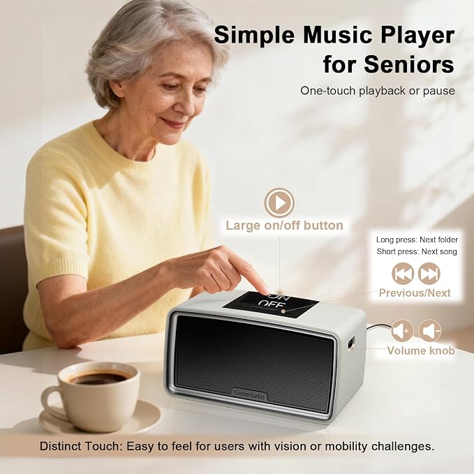 Large Button Simple Music Player for Seniors, Easy MP3 Player for Elderly, Dementia, Blind,Alzheimer's & Visually Impaired, Music Box with 32GB TF Card, One-Touch Play (Gray)