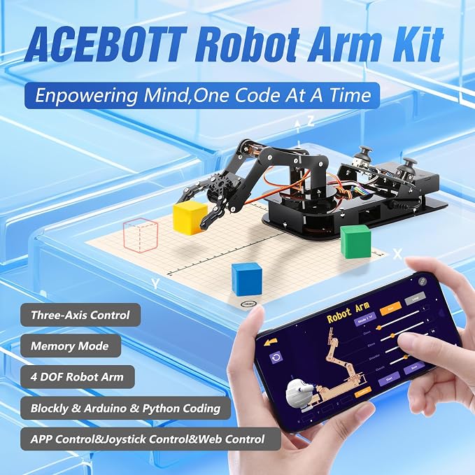 ACEBOTT 4 DOF ESP32 Robotic Arm Kit for Kids 8-12, Robotics Kit App Remote Control Robot Toys Compatible with Arduino, STEM Educational DIY Robot Arm Kit Gift for Teenagers & Adults
