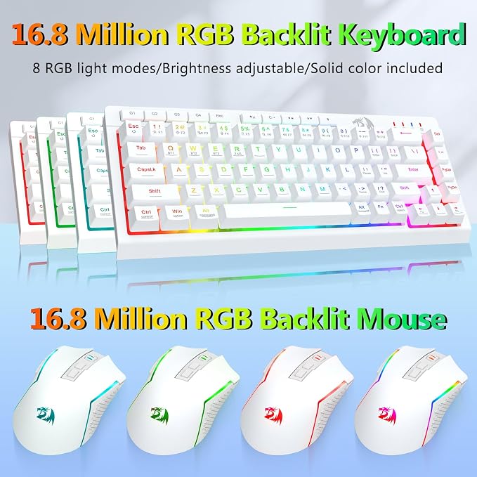 Redragon Wireless Gaming Keyboard and Mouse Combo, Bluetooth/2.4G/USB-C Wired, RGB Backlit, 60% Portable Quiet Rechargeable Macro Membrane Keyboard & 12800 DPI Mouse for Win/MAC, White