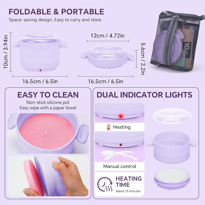 UKF Home Waxing Kit with Hard Wax Beans Complete Hair Removal System with Electric Wax Warmer, Nose & Body Applicators, Pre & Post Care Wipes Gentle Root Level Depilatory for Full Body，Purple