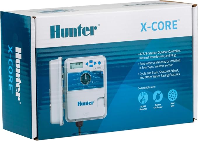 Hunter XC600 X-Core 6 Station Outdoor Sprinkler Controller, Easy Install Irrigation Timer for Lawn and Garden, Weatherproof, 3 Programs, 4 Start Times