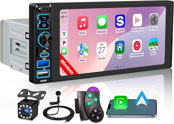 Single DIN Car Stereo Radio with Wireless Apple CarPlay & Android Auto, 6.9" IPS 1280x600 Touchscreen, Bluetooth 5.2, FM Radio, Backup Camera, 1 DIN Head Unit, 180W Subwoofer Out, Type-C Fast Charging