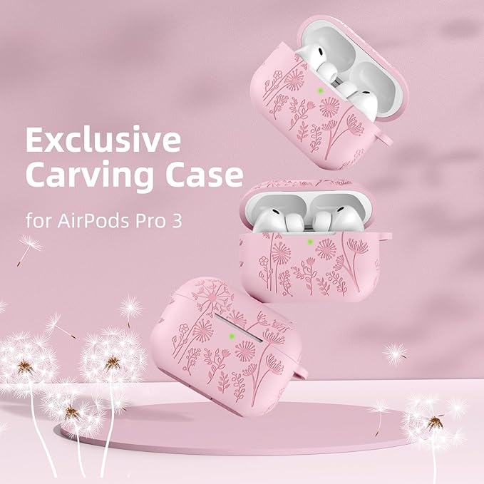 Lerobo for AirPods Pro 3 Case Cover with Cleaner Kit, Cute Flower Engraved Silicone Protective Cover with Keychain Compatible with Apple AirPod Pro 3rd Generation Case 2025 for Women and Girls, Pink