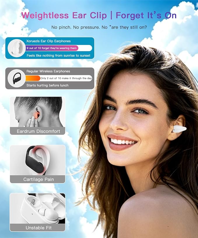 Upgraded Ultra Open Ear Earbuds - Lightweight Comfort Clip-On Wireless Bone Conduction Earbuds, Secure Fit & AI-Powered Clear Calls Bluetooth Open Ear Headphones for Work,Commute,Workout,Running,White
