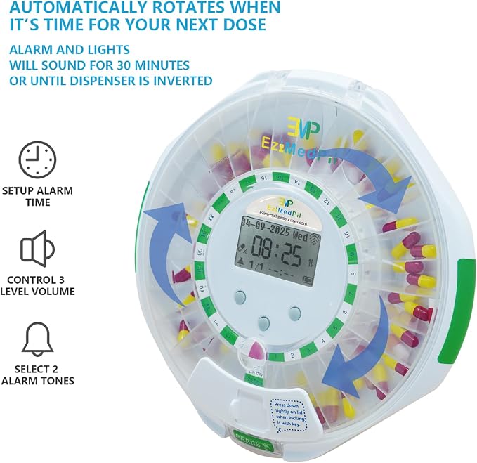 WiFi Automatic Pill Dispenser with Remote Operation via App for Caregivers | Up to 9 Alarms & Sound-Light Reminders for Parkinson & Alzheimer Patients, Real-Time Monitoring & Adherence History Tracking