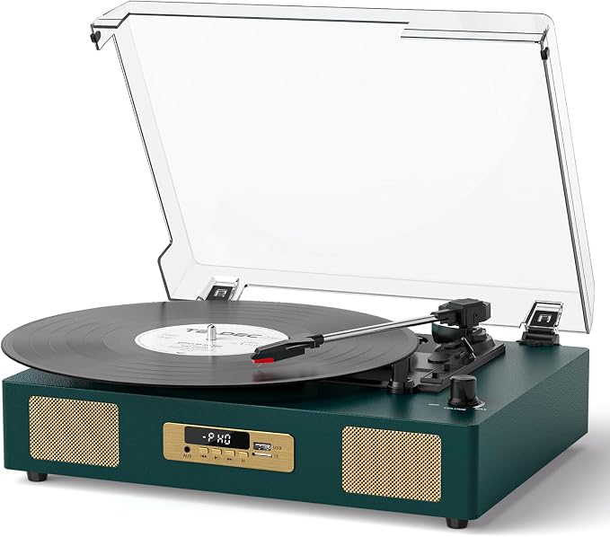 Vinyl Record Player with Enhanced Speakers, Wireless Bluetooth Playback, USB/SD Recording, 3-Speed Belt Drive Turntable, Vintage LP Player Support RCA Output AUX Input EQ,Dark Green