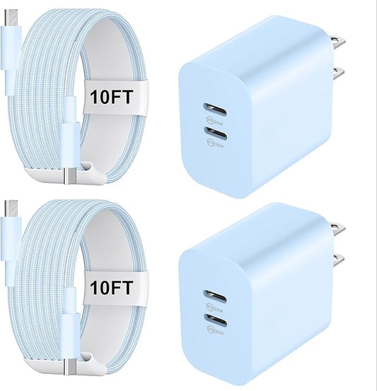 Fast Charger for 15 16 17 Pro Max, 10FT Nylon Braided USB C to C Charging Cable Cord & 20W Dual Port USB C Fast Charger Block for Phone 17 16 15 Pro Max/17 16 15/15 Plus,Android Phone-Blue