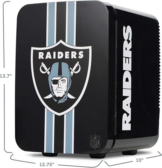 Ukonic NFL Las Vegas Raiders 15-Can Mini Fridge 10L AC/DC Powered, Official Team Colors & Logo, Portable Cooler for Tailgates, Home, Office, or Car