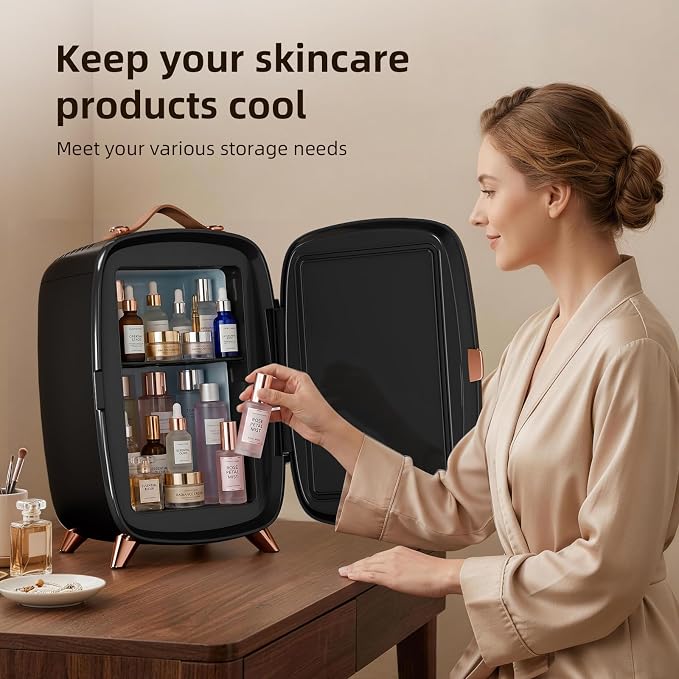 Antarctic Star 6L/8 Cans Makeup Mini Refrigerator with Dimmable LED Light Mirror for Bedroom, Car, Office & Dorm,Portable Small Cooler for Cosmetics,Skin Care,BLACK