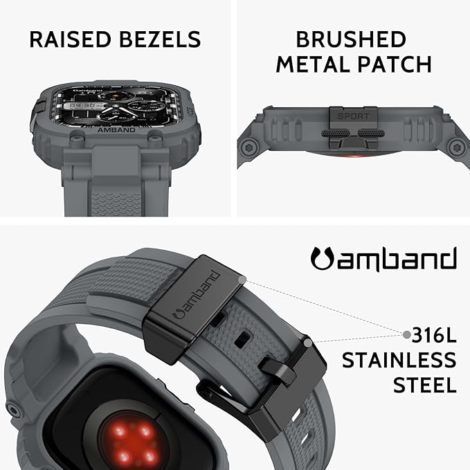 amBand Bands Case Compatible with Apple Watch Series 11/10 46mm, M1 Sport Rugged Heavy Duty Cover Tactical Strap Military Grade Protective Bumper Protector for iWatch 46 mm Men, Gray