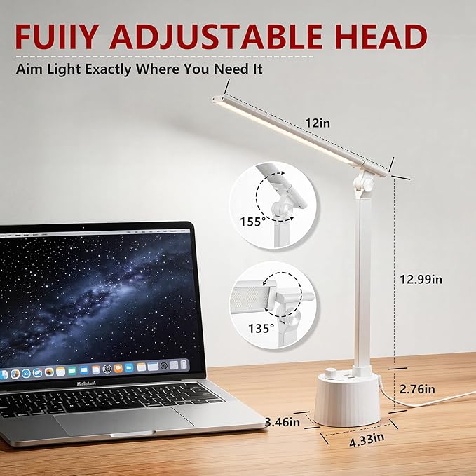 BOHON Small Desk Lamp with USB C Charging Port, Stepless Dimming 5 Colors Reading Light, Space-Saving Rotating Head Desk Lamp for Home Office, Dorm, Bedroom, White