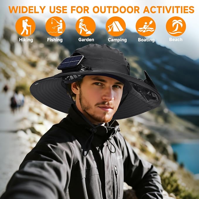 Fishing Hat with Built in Fan, Wide Brim Solar Fan Hat Outdoor Fishing, Solar & USB Charging Sun Bucket Hats for Men Women