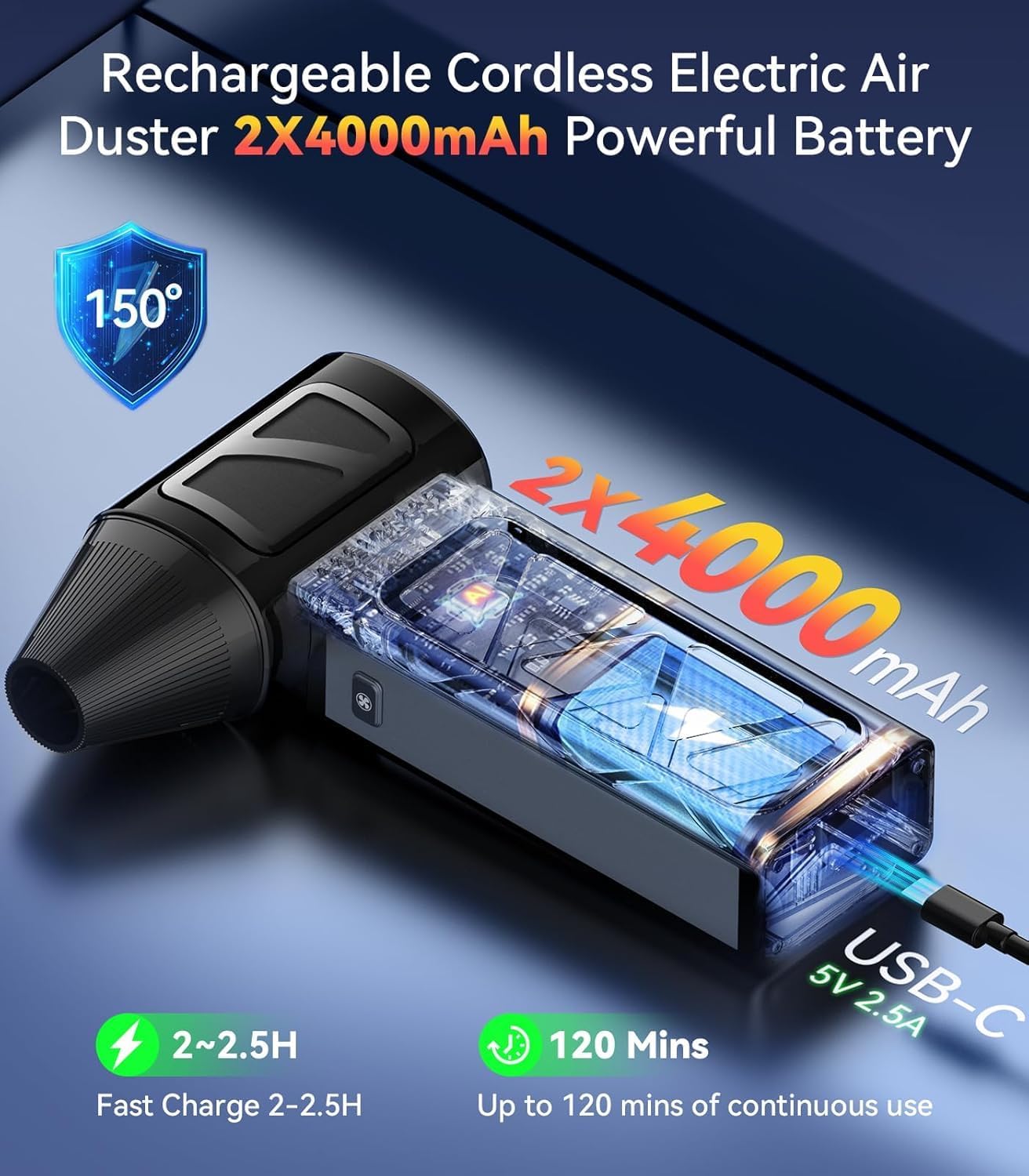 Compressed Air Duster, 360000 RPM Electric Air Duster, Rechargeable Cordless Air Blower Power Turbo Fan,5 Gears Adjustable Jet Dry Blower Replace Air Can for Keyboard Computer Car Outdoor Home