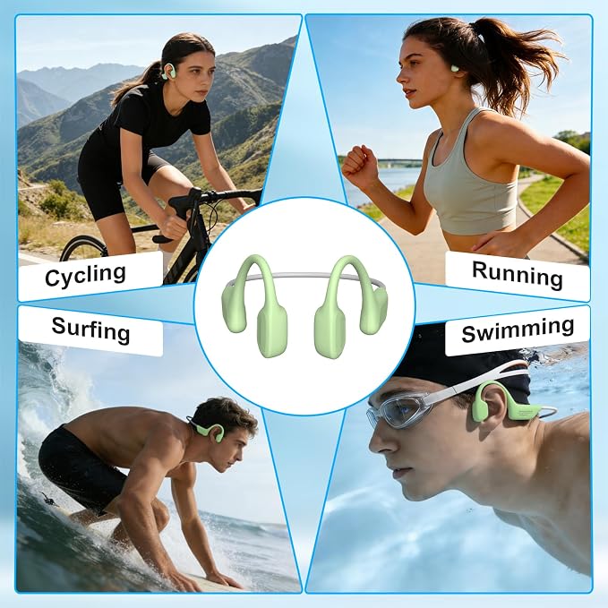 Swimming Headphones Underwater, Bone Conduction Swimming Headphones IPX8 Waterproof Open Ear Headphones with 32GB Built-in MP3, Bluetooth 6.0 Dual Mode, Dual Device Pairing, Magnetic Charging(Green