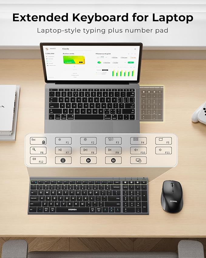 seenda Wireless Bluetooth Keyboard Mouse Combo, COE401 Rechargeable Silent Keyboard Mouse Compact Slim, 3 Multi-Device Connection, Compatible for Windows/Mac PC Laptop MacBook iPad, Black Gray