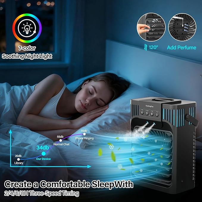 Portable air conditions with remote control, silent with 3 speeds, cooling fan of 1200 ml Personal Air Cooler Fan with 3 Mist, 7 Night Light, 8H Timer, Small Air Conditioner for Bedroom Office