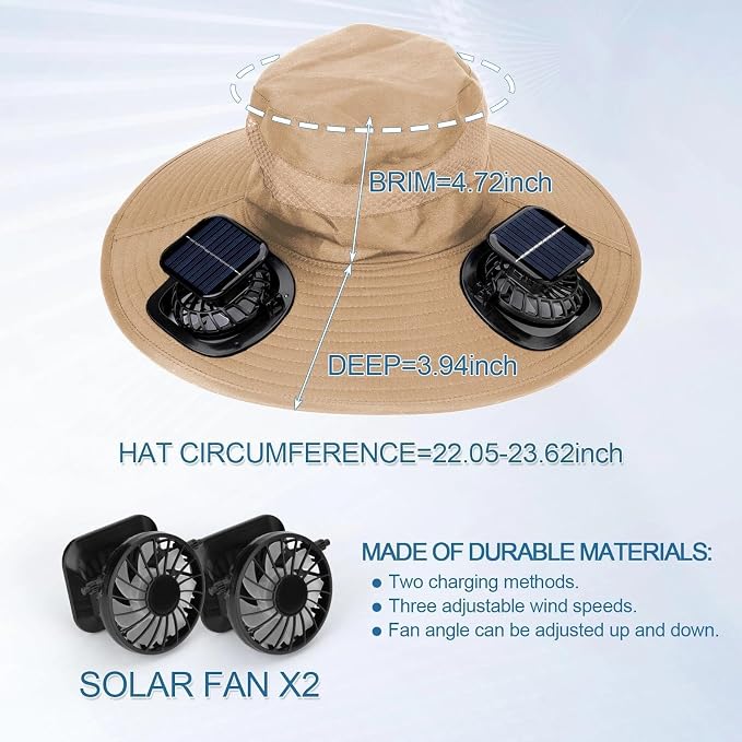 Solar Fan Hat for Men - Wide Brim Cooling Hat with 2 Built-in Solar & USB Rechargeable Fans for Fishing Hiking