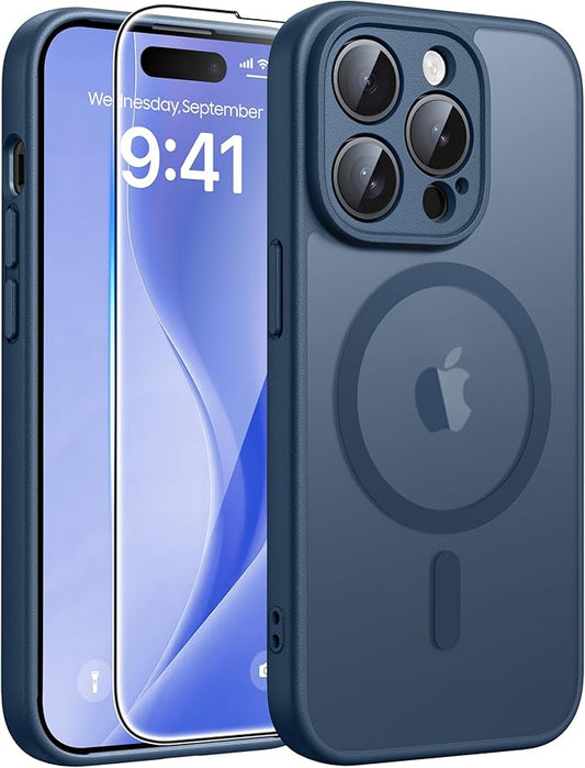 FNTCASE for iPhone 14 Pro Max Case: [Compatible with Magsafe] Translucent Matte Cases with [Full Camera Protection] [Screen Protector] Military Grade Shockproof Protective Phone Cover - Blue