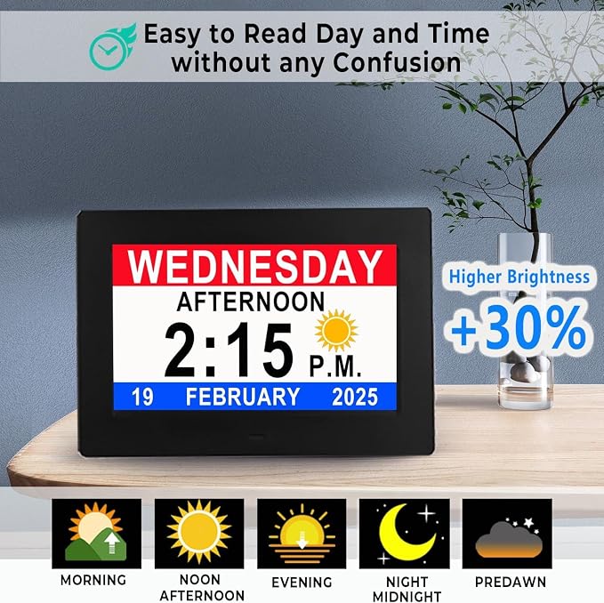 [New Version] 7 Inch Day Clock - 19 Alarms,20 Custom Reminder, Remote Control, Level 10 Auto Dimmable Display Calendar Clock, Non-Abbreviated Day Date Alarm Clock for Impaired Vision Dementia Seniors