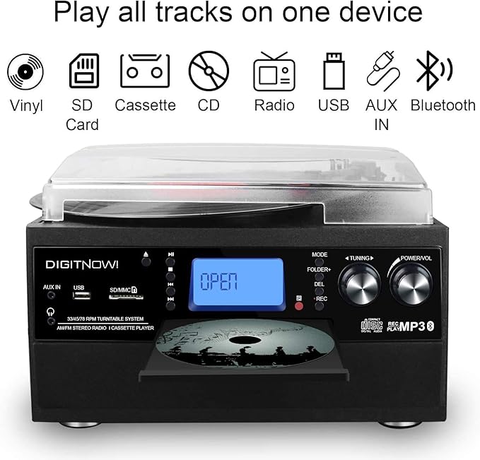DIGITNOW Bluetooth Record Player Turntable with Stereo Speaker, LP Vinyl to MP3 Converter with CD, Cassette, Radio, Aux in and USB/SD Encoding, Remote Control, Audio Music Player Built in Amplifier
