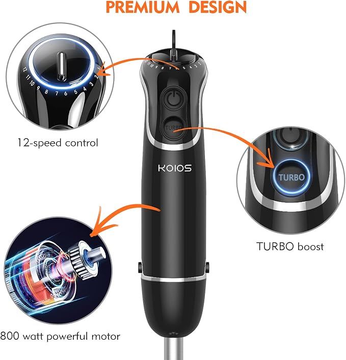 KOIOS 800-Watt/ 12-Speed Immersion Hand Blender(Titanium Reinforced), Turbo for Finer Results, 4-in-1 Set Includes BPA-Free Food Chopper / Egg Beater / Beaker, Ergonomic Grip, Detachable
