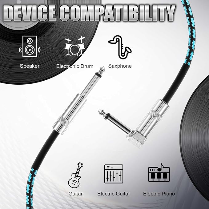 3 Pack Black Guitar Cables, Performance Instrument Cords for Guitar, Bass, Keyboard – Copper & PE Material, Flexible for Live&Studio Performance