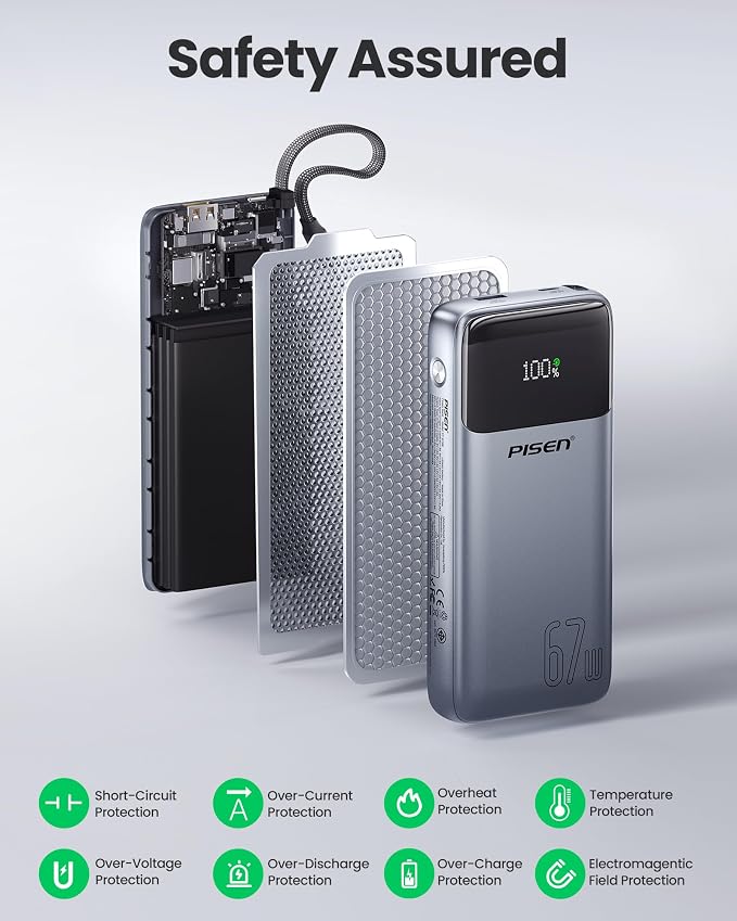 PISEN 3C Certified Power Bank - 20000mAh 67W CCC Power Bank with Built in Cable, Travel Battery Pack Portable 3C Charger with LED Display, 67W Portable Charger with Built in Cable for iPhone, MacBook