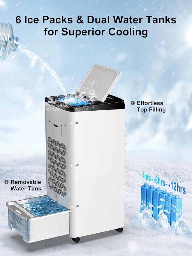 Uthfy 3 IN 1 Portable Air Conditioners, Swamp Cooler with Detachable Water Tank, 6 Ice Packs, 12H Timer, 120° Oscillation, Remote, 3 Speeds, 4 Modes, Evaporative Cooler for Bedroom, Office