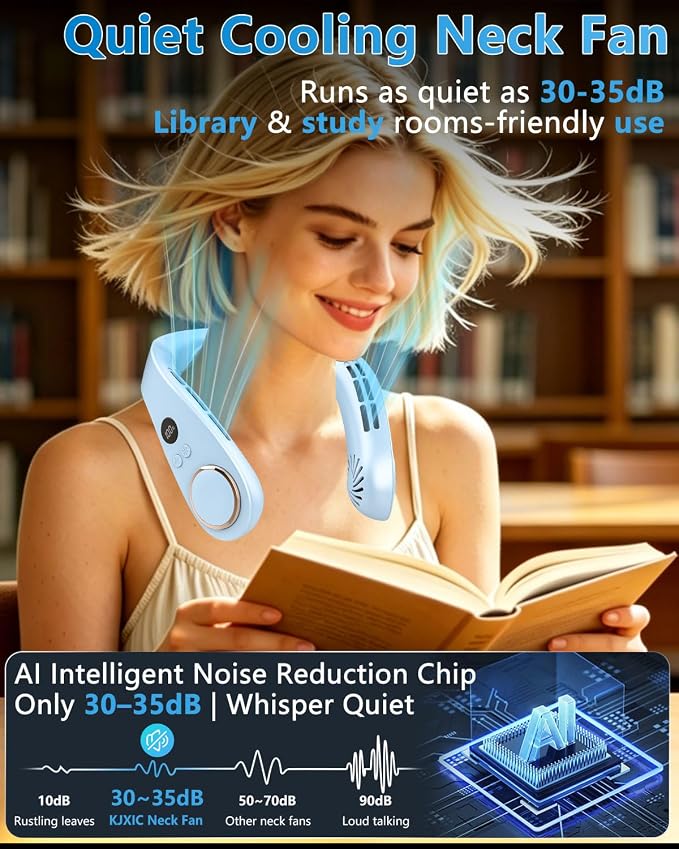 Neck Fan with Cooling Plate-24H Quiet Powerful Fans that Blow 5 Speed&Power LED Display-USB 5500mAh Bladeless Wearable Personal AC Cooler for Light Blue