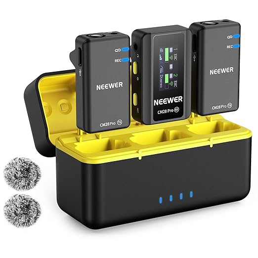 NEEWER CM28 PRO Wireless Lavalier Lapel Microphone System + Basics TS03 Flexible Phone Tripod with Remote for iPhone & Camera, 656ft/200m Range Mic Compatible with iPhone iPad Android Camera PC